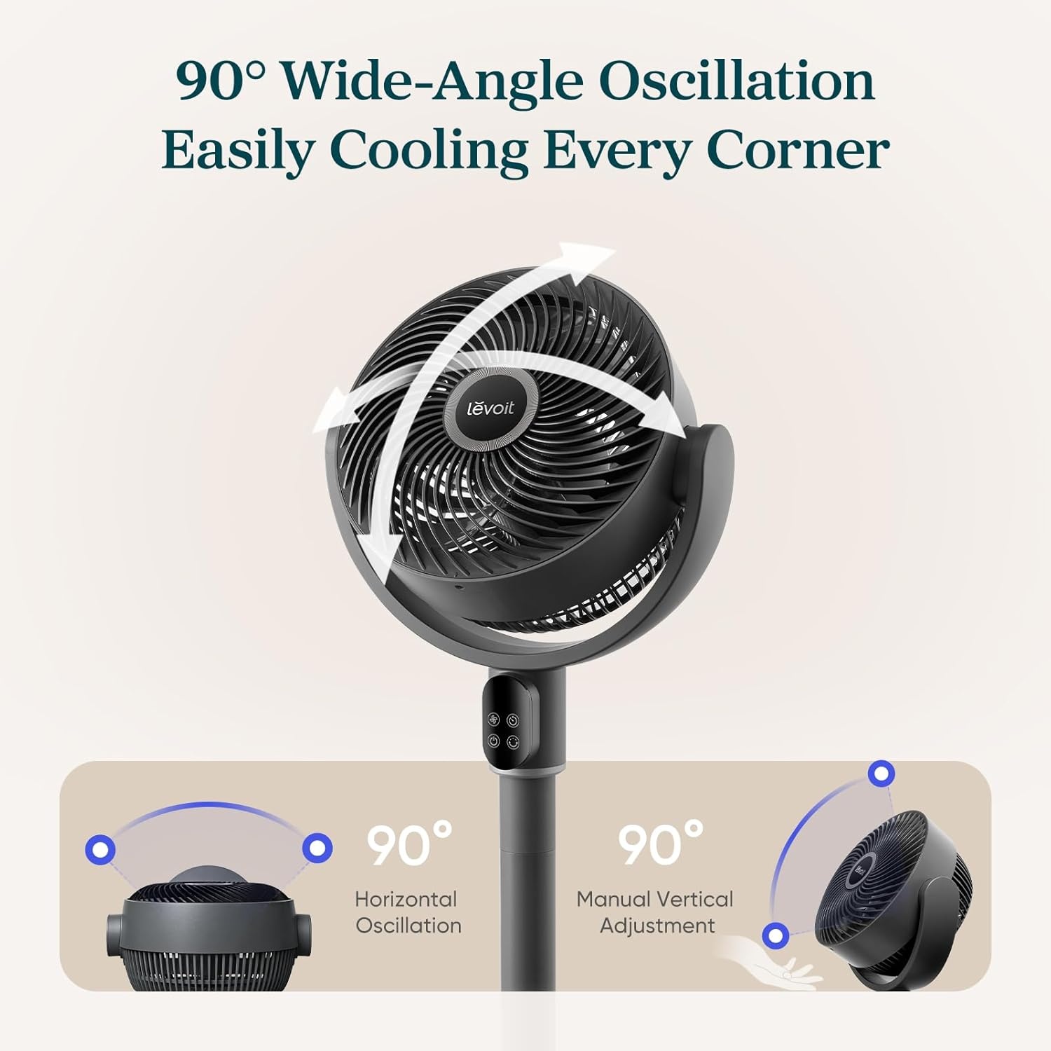 image:imageLevoit Standing Fan for Bedroom 90 Oscillating Fan 20dB Quiet for Sleep Floor fan with 1024 CFM Airflow DC Motor 5 Speeds 2 in 1 Pedestal amp Tabletop 12H Timer Remoter for Home Room WhiteNew CoreBreeze Grey Smart