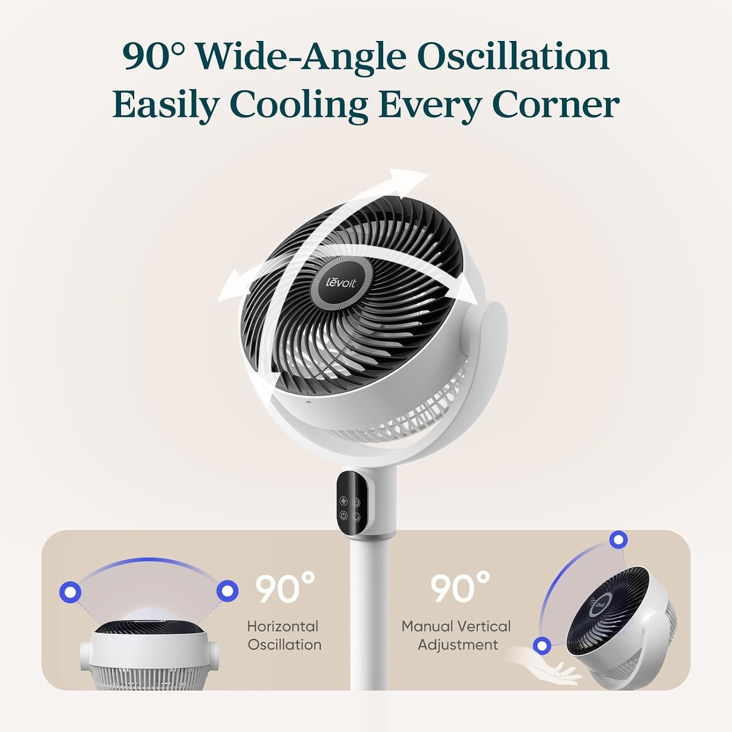image:imageLevoit Standing Fan for Bedroom 90 Oscillating Fan 20dB Quiet for Sleep Floor fan with 1024 CFM Airflow DC Motor 5 Speeds 2 in 1 Pedestal amp Tabletop 12H Timer Remoter for Home Room WhiteNew CoreBreeze White