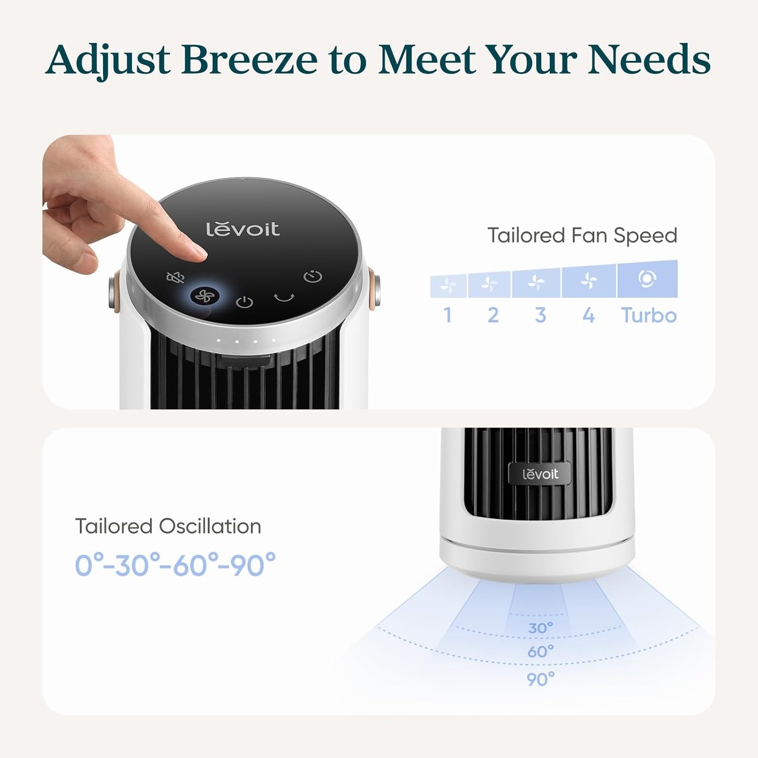 image:imageLevoit Tower Fan for Bedroom 20dB Quiet Desk Fan Portable Fan with 23fts 3 Angles 4 Speeds Mini Oscillating Fan DC Motor Bladeless Easy to Carry Remoter 12H Timer for Home Room Office WhiteClassic Pearl White