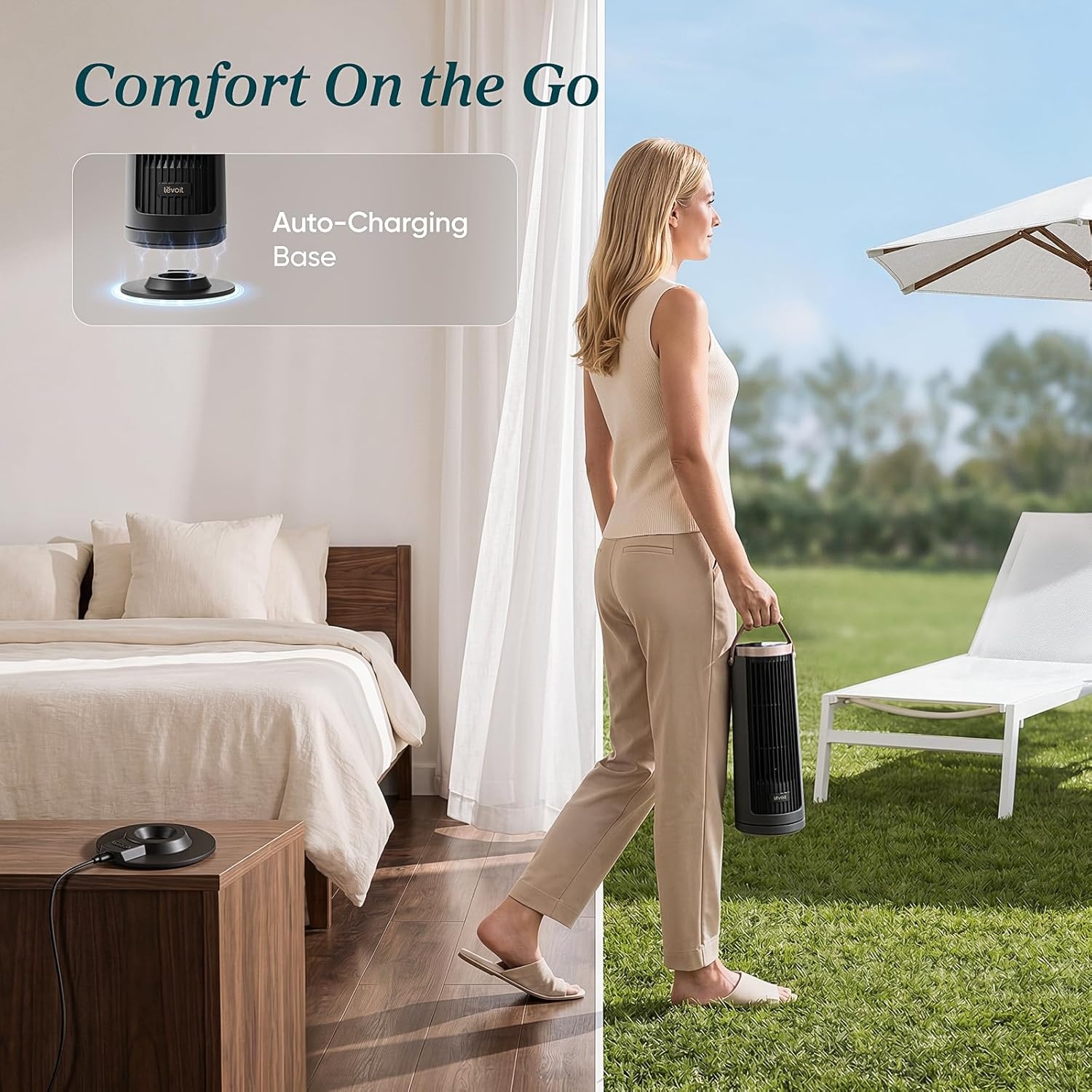 image:imageLevoit Tower Fan for Bedroom 20dB Quiet Desk Fan Portable Fan with 23fts 3 Angles 4 Speeds Mini Oscillating Fan DC Motor Bladeless Easy to Carry Remoter 12H Timer for Home Room Office WhitePortableRechargeable Grey Pro