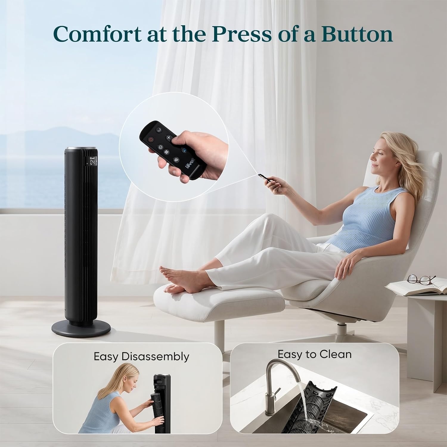 image:imageLevoit Tower Fan for Bedroom 28fts Fans that Blow Cold Air 28dB Quiet Standing Floor Fan for Room 90 Oscillating 5 Speeds 4 Modes amp Temp Sensor Bladeless 12H Timer Remoter 36 inch Black36 inches Black
