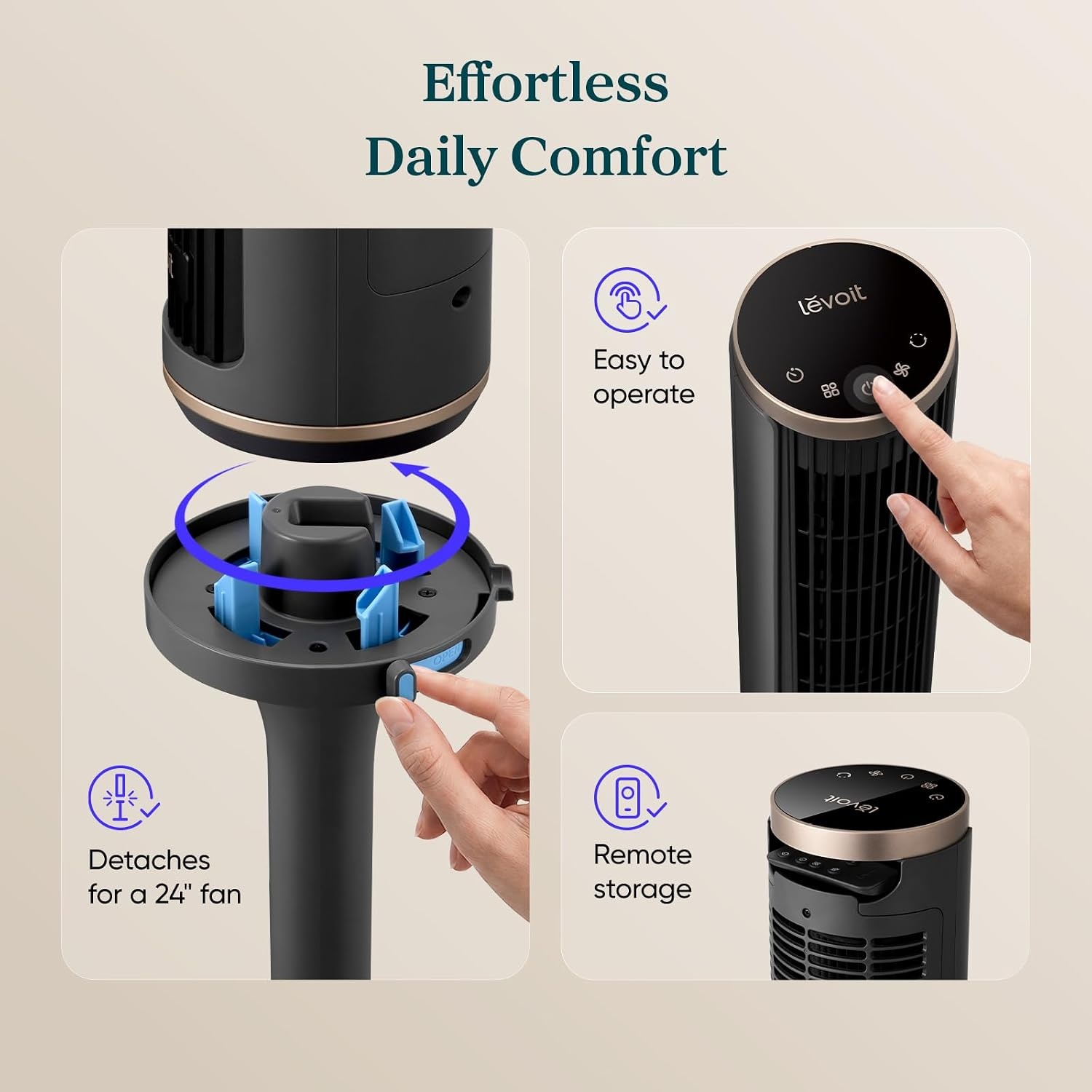 image:imageLevoit Tower Fan for Bedroom 28fts Fans that Blow Cold Air 28dB Quiet Standing Floor Fan for Room 90 Oscillating 5 Speeds 4 Modes amp Temp Sensor Bladeless 12H Timer Remoter 36 inch BlackAdjustable 3647 inches Grey