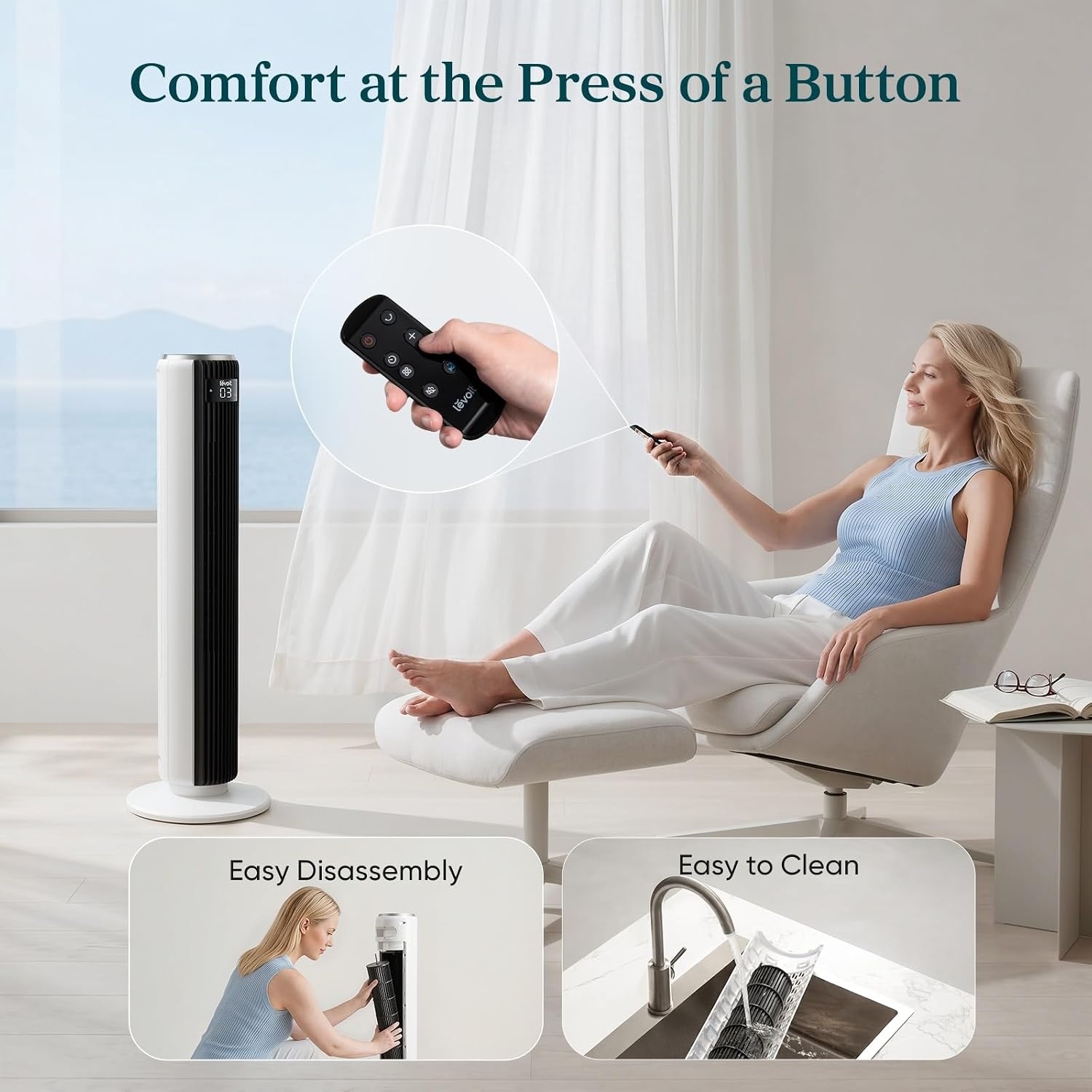 image:imageLevoit Tower Fan for Bedroom 28fts Fans that Blow Cold Air 28dB Quiet Standing Floor Fan for Room 90 Oscillating 5 Speeds 4 Modes amp Temp Sensor Bladeless 12H Timer Remoter 36 inch Black36 inches White