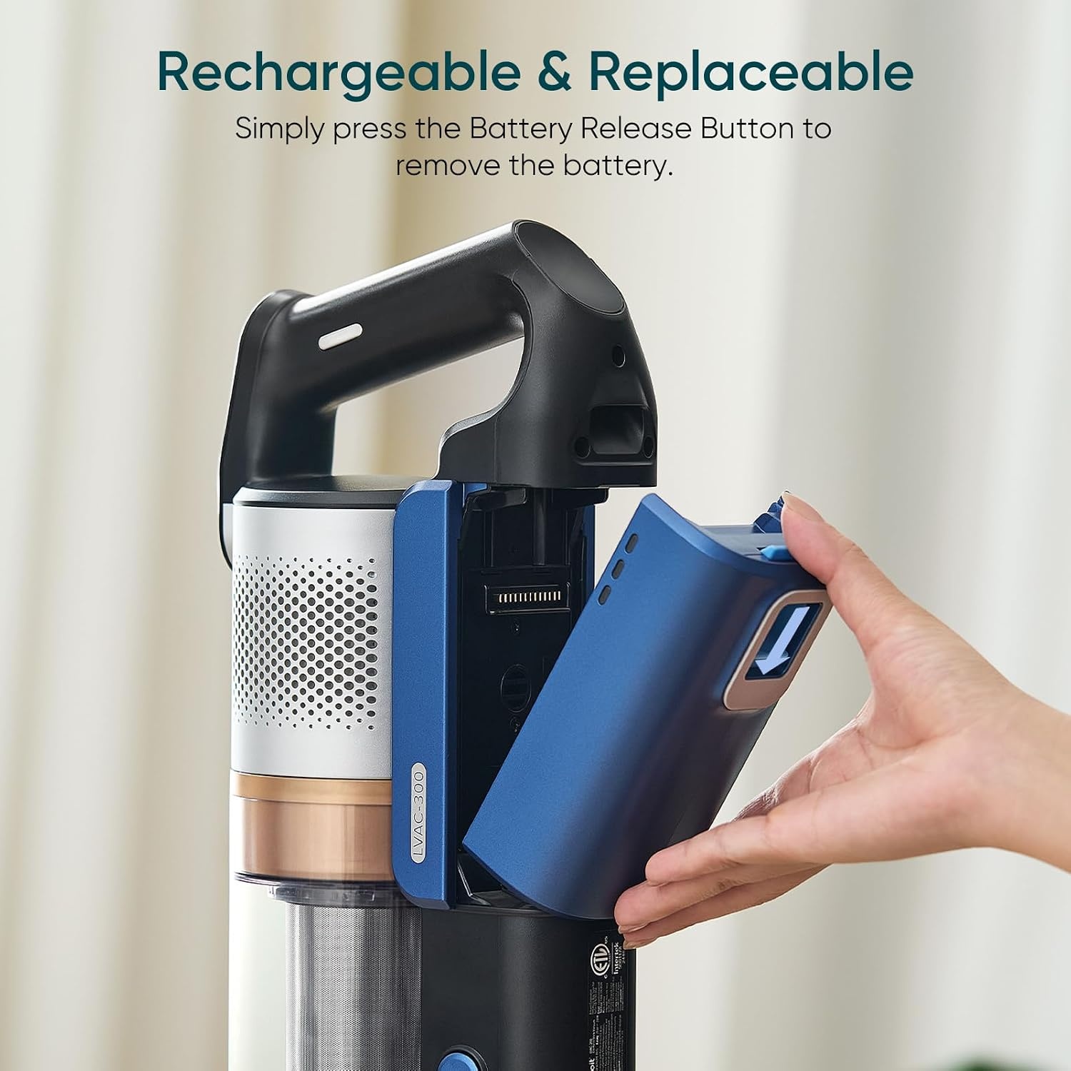 image:imageLEVOIT LVAC200 WhiteampBlue Cordless Vacuum Cleaner Replacement Battery 2200mAh Up to 50 Minutes RuntimeLVAC300 Battery