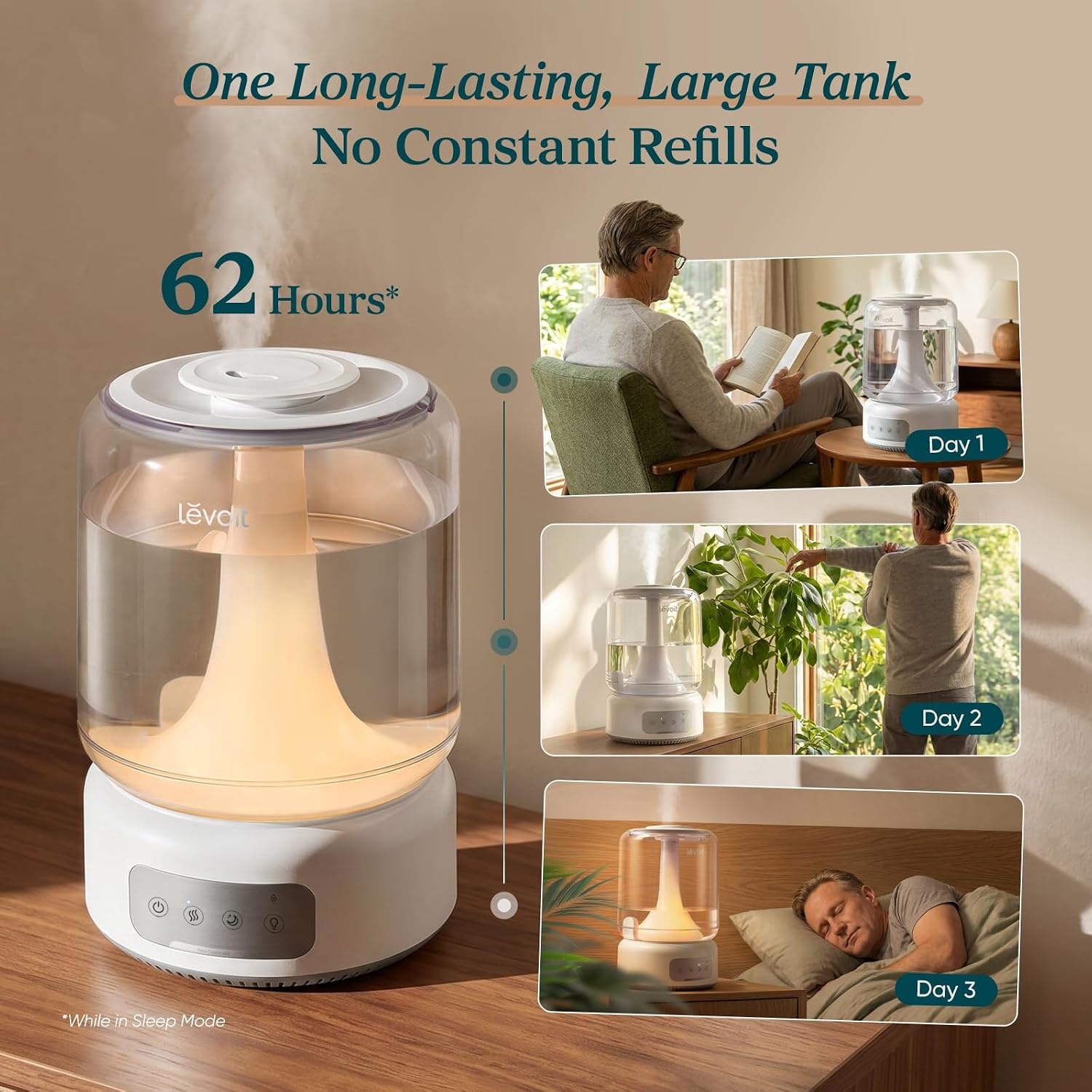 image:imageLevoit Classic300 Ultrasonic Top Fill Humidifier Extra Large 6L Tank 60H Super Quiet Easy to Use and Clean 360 Rotation Nozzle Simple Knob Control Handle Auto Shut Off Gray62L Touch Control