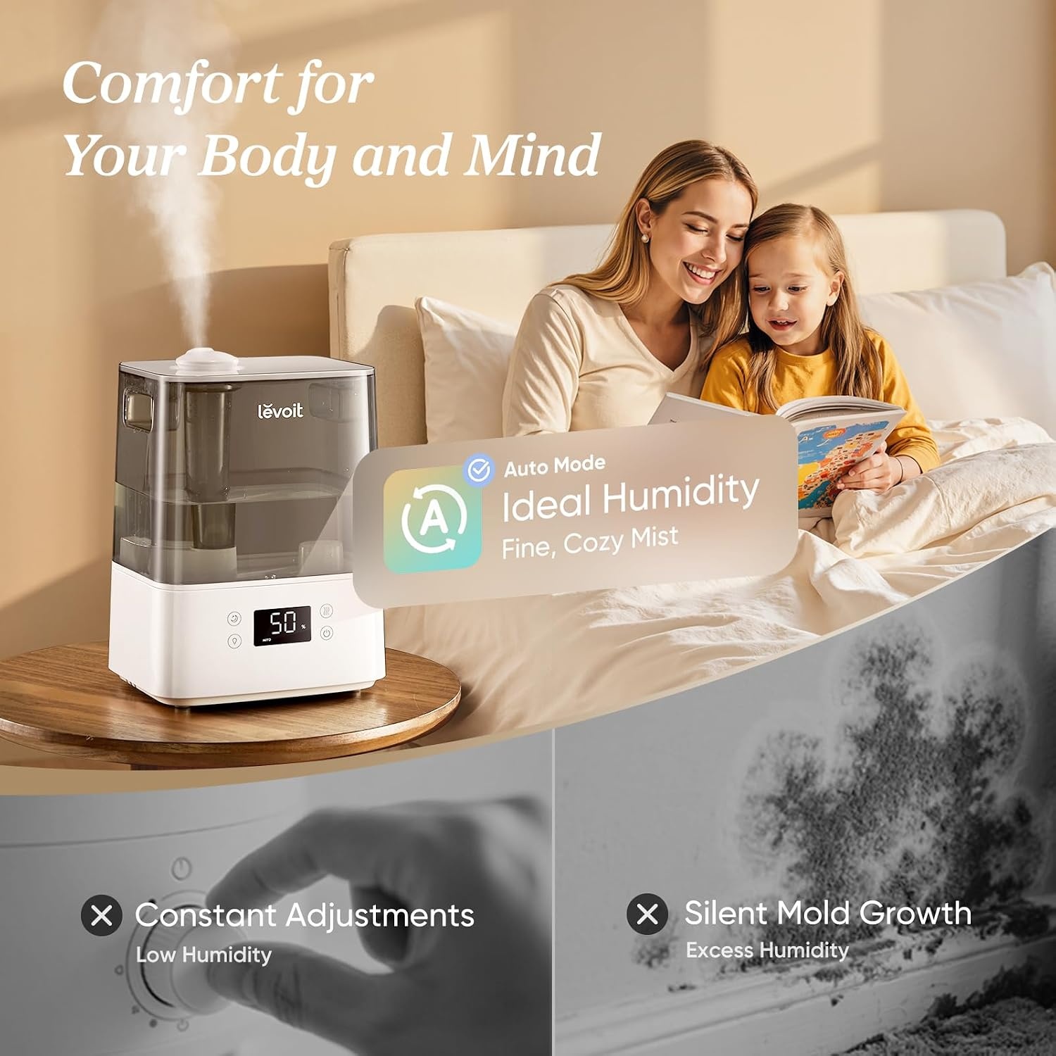 image:imageLevoit Classic300 Ultrasonic Top Fill Humidifier Extra Large 6L Tank 60H Super Quiet Easy to Use and Clean 360 Rotation Nozzle Simple Knob Control Handle Auto Shut Off Gray6L Smart Grey