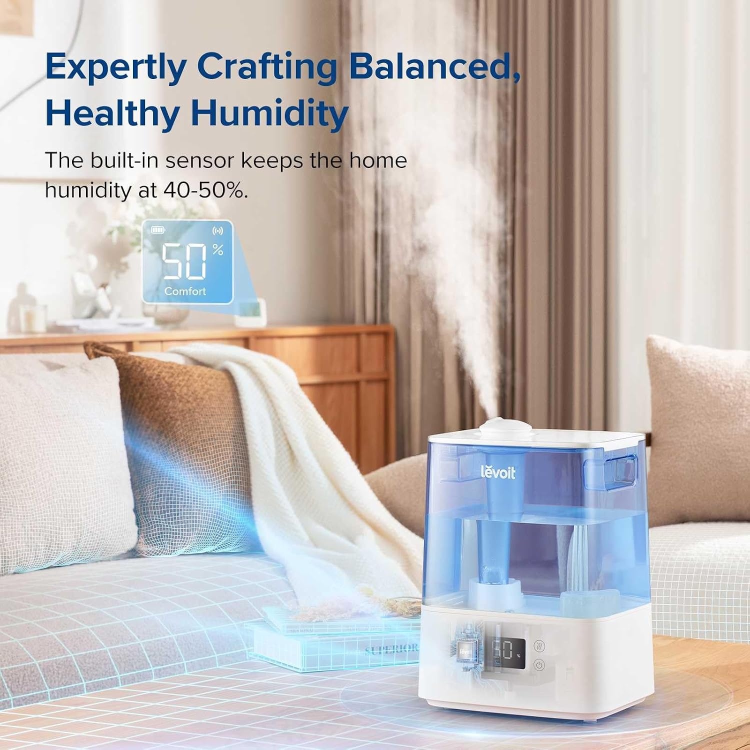 image:imageLevoit Classic300 Ultrasonic Top Fill Humidifier Extra Large 6L Tank 60H Super Quiet Easy to Use and Clean 360 Rotation Nozzle Simple Knob Control Handle Auto Shut Off Gray6L Smart Blue