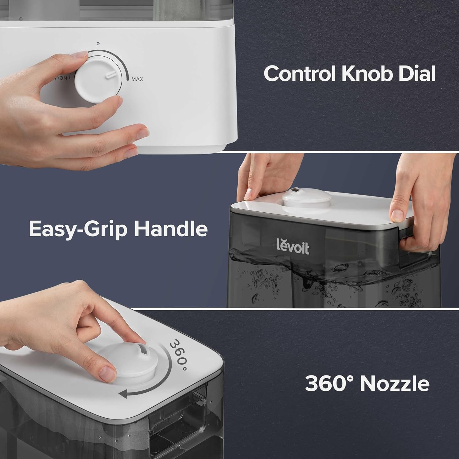 image:imageLevoit Classic300 Ultrasonic Top Fill Humidifier Extra Large 6L Tank 60H Super Quiet Easy to Use and Clean 360 Rotation Nozzle Simple Knob Control Handle Auto Shut Off Gray6L Grey