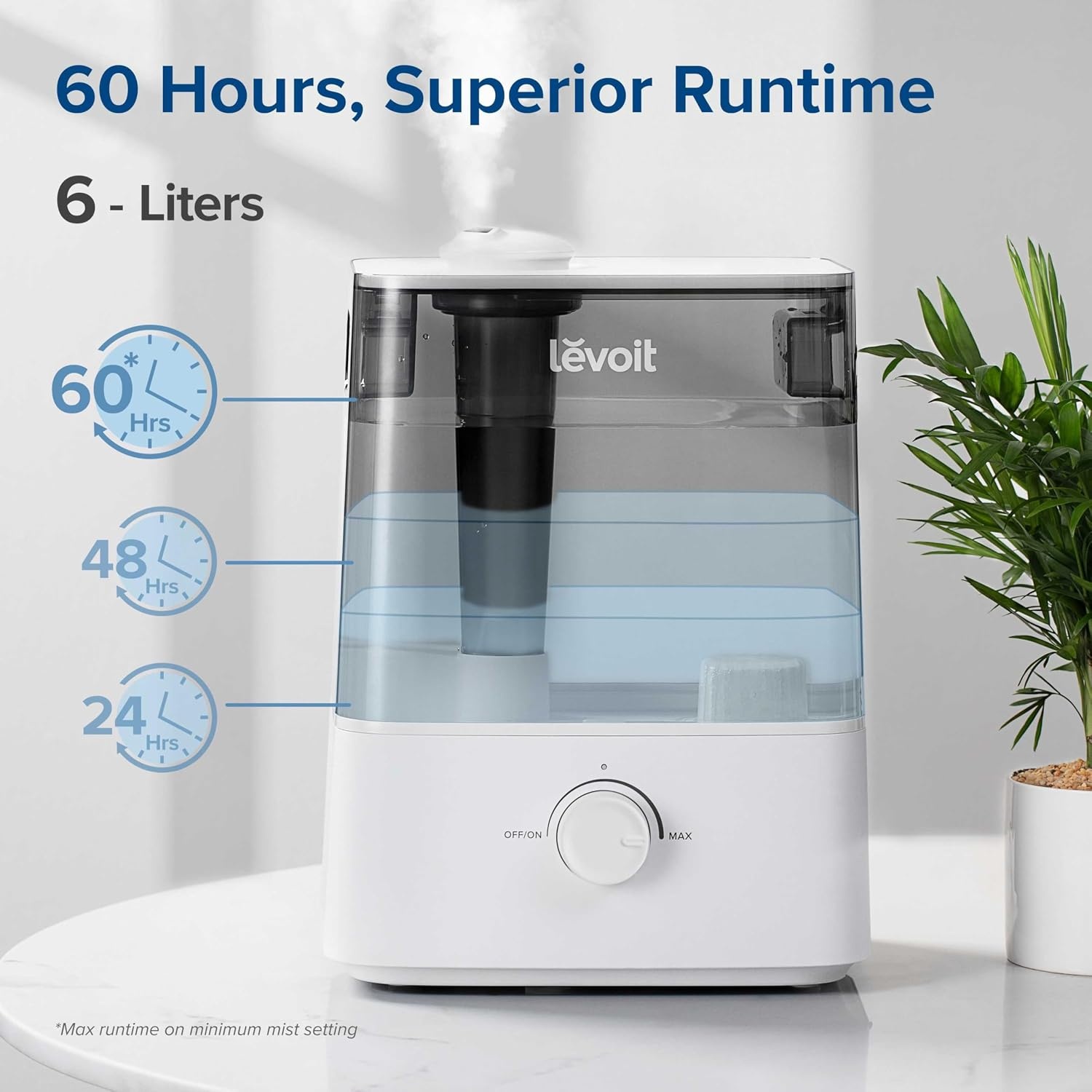 image:imageLevoit Classic300 Ultrasonic Top Fill Humidifier Extra Large 6L Tank 60H Super Quiet Easy to Use and Clean 360 Rotation Nozzle Simple Knob Control Handle Auto Shut Off Gray6L Grey