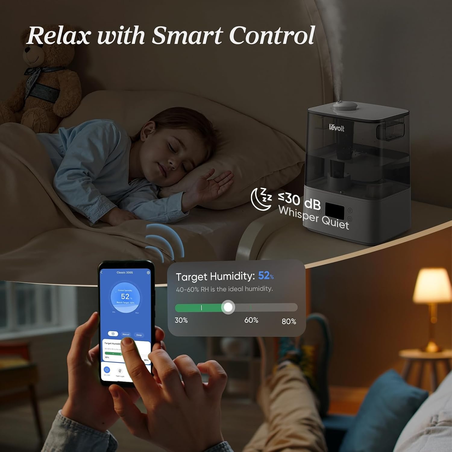 image:imageLevoit Classic300 Ultrasonic Top Fill Humidifier Extra Large 6L Tank 60H Super Quiet Easy to Use and Clean 360 Rotation Nozzle Simple Knob Control Handle Auto Shut Off Gray6L Smart Grey