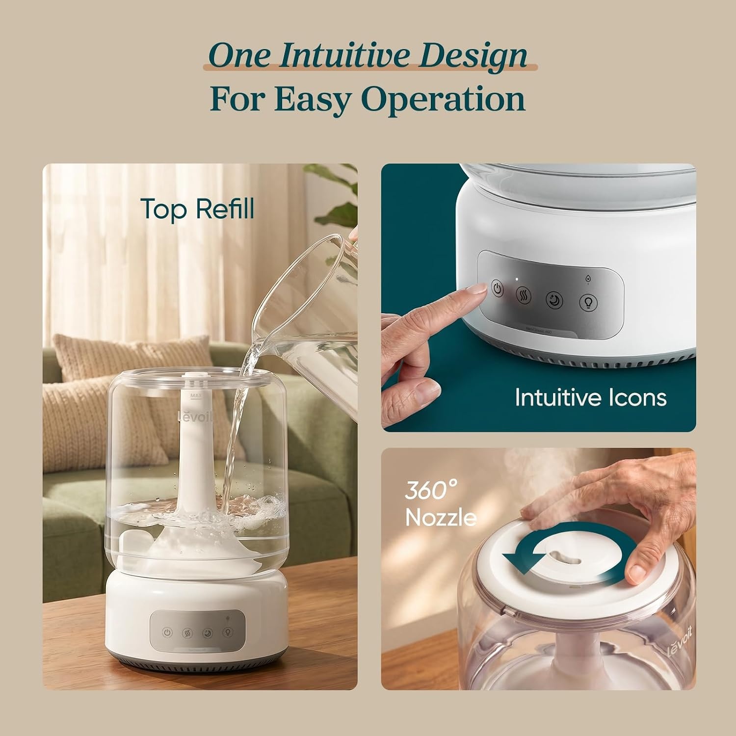 image:imageLevoit Classic300 Ultrasonic Top Fill Humidifier Extra Large 6L Tank 60H Super Quiet Easy to Use and Clean 360 Rotation Nozzle Simple Knob Control Handle Auto Shut Off Gray62L Touch Control