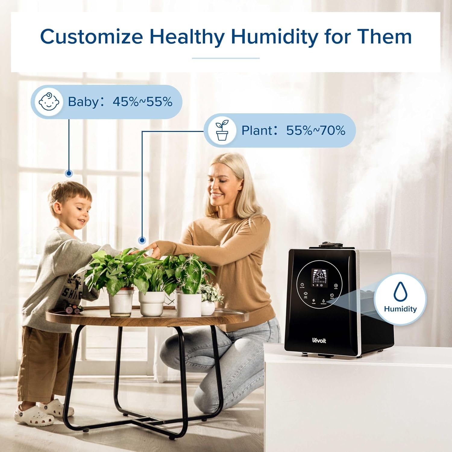 image:imageLevoit Classic300 Ultrasonic Top Fill Humidifier Extra Large 6L Tank 60H Super Quiet Easy to Use and Clean 360 Rotation Nozzle Simple Knob Control Handle Auto Shut Off GrayWarm and Cool Mist