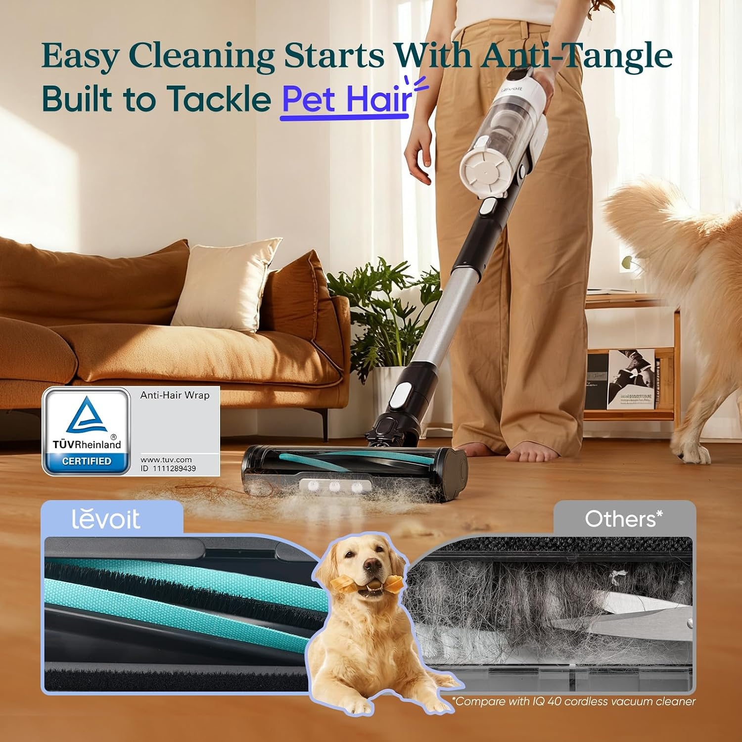 image:imageLevoit Cordless Vacuum Cleaner AntiTangle for Pet Hair Up to 50 Minutes Powerful Suction Lightweight Rechargeable Versatile for Carpets amp Hard Floors 180 LayFlat Design LVAC200LVAC200 Essential