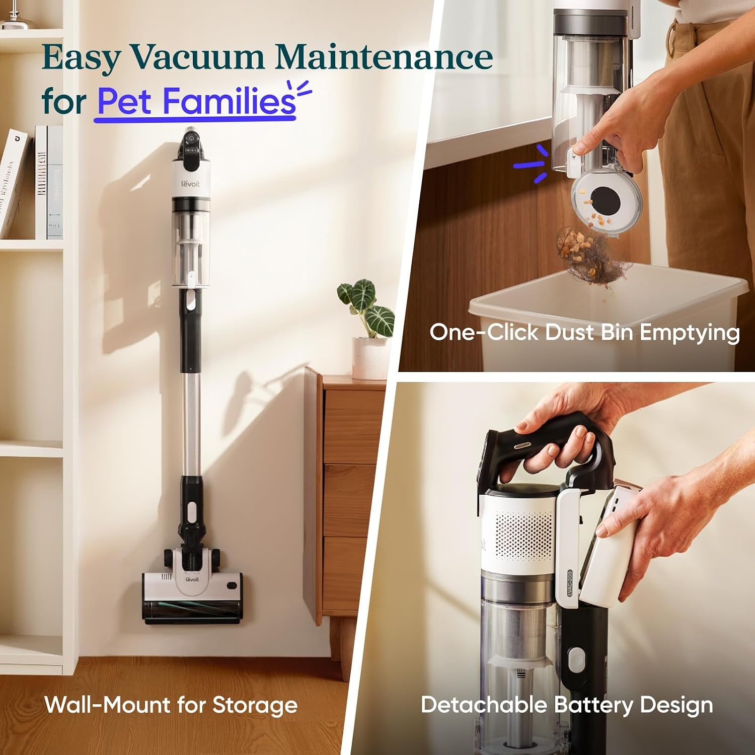 image:imageLevoit Cordless Vacuum Cleaner AntiTangle for Pet Hair Up to 50 Minutes Powerful Suction Lightweight Rechargeable Versatile for Carpets amp Hard Floors 180 LayFlat Design LVAC200LVAC200 Essential