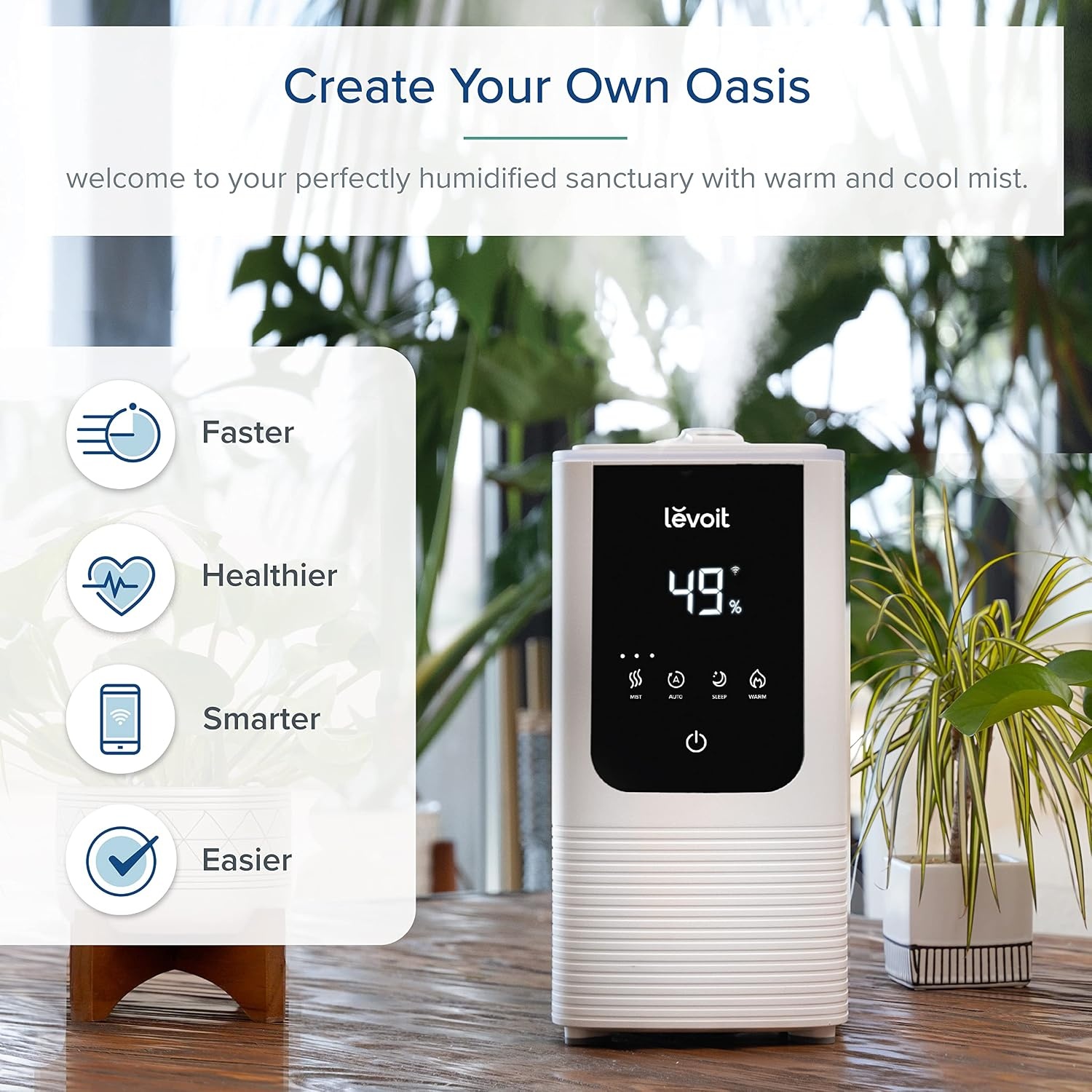 image:imageLevoit Humidifiers for Bedroom Smart Warm and Cool Mist Symptom Relief OasisMist 45L TopFill Tank Runs 45H Large Room Auto Customized Humidity 26dB Quiet Essential Oil Easy to Clean WhiteWhite