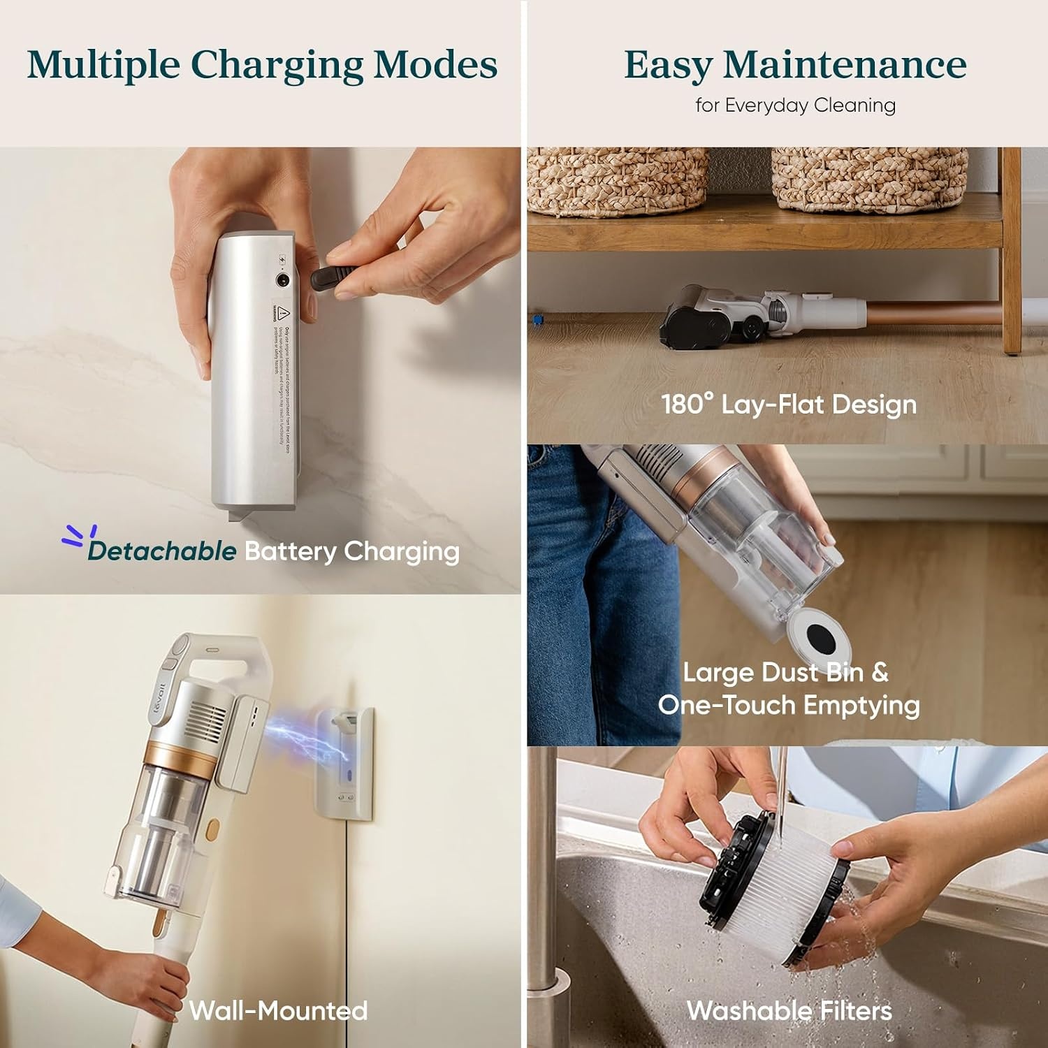 image:imageLevoit VortexIQ Cordless Vacuum Cleaner for Pet Hair 50Min Runtime Powerful Suction NeoSight Green Light Dust Reveal AntiTangle Brush SelfStanding 180 LayFlat Design HEPA FilterAir Silver