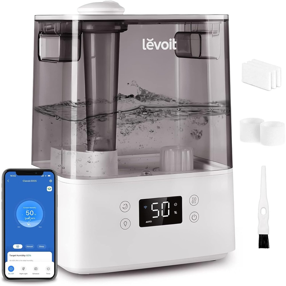 image:imageLevoit Classic300 Ultrasonic Top Fill Humidifier Extra Large 6L Tank 60H Super Quiet Easy to Use and Clean 360 Rotation Nozzle Simple Knob Control Handle Auto Shut Off Gray6L Smart Grey