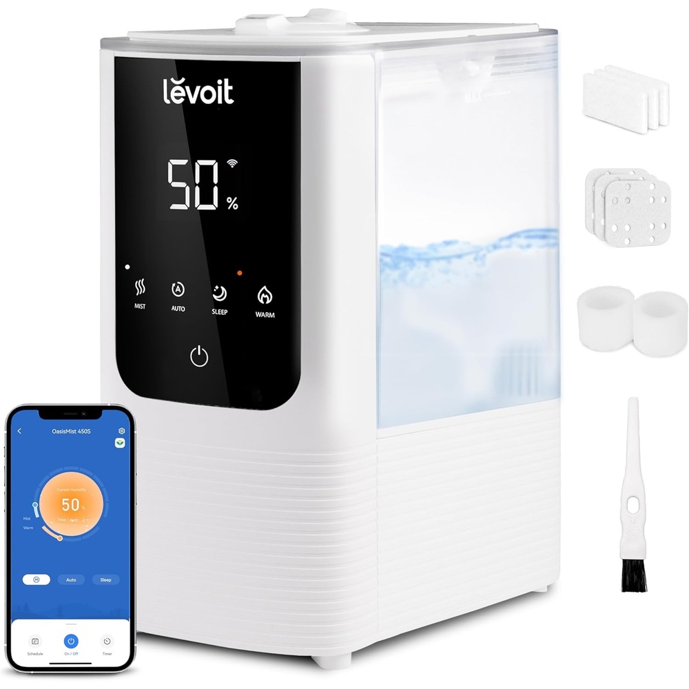 image:imageLevoit Humidifiers for Bedroom Smart Warm and Cool Mist Symptom Relief OasisMist 45L TopFill Tank Runs 45H Large Room Auto Customized Humidity 26dB Quiet Essential Oil Easy to Clean WhiteWhite