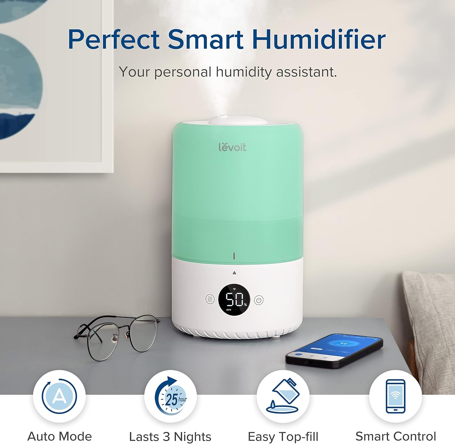 image:imageLEVOIT Smart Cool Mist Top Fill Humidifiers for Bedroom with Sensor Auto Humidity Setting APP amp Voice Control Essential Oil Diffuser Ultra Quiet Operation Super Easy to Use and Clean 3L Green