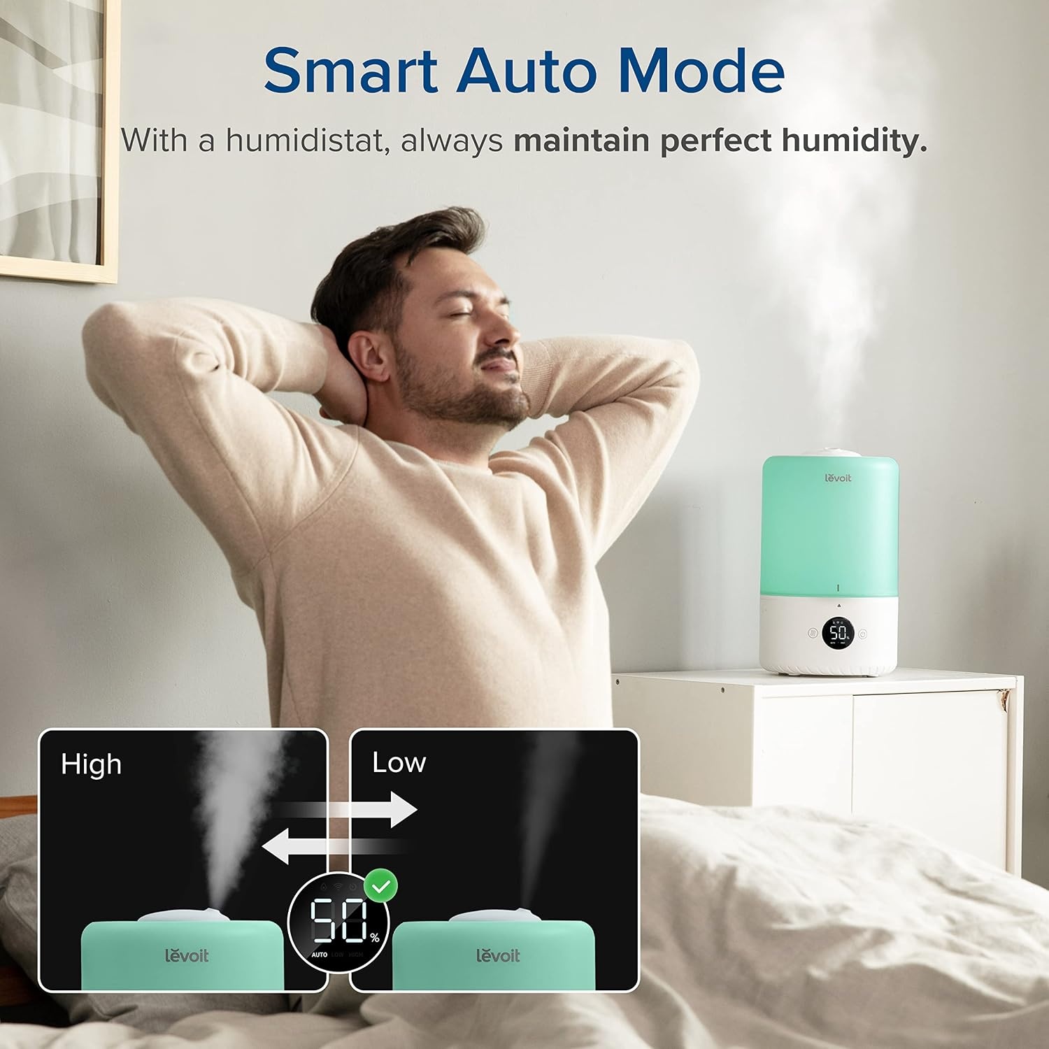 image:imageLEVOIT Smart Cool Mist Top Fill Humidifiers for Bedroom with Sensor Auto Humidity Setting APP amp Voice Control Essential Oil Diffuser Ultra Quiet Operation Super Easy to Use and Clean 3L Green